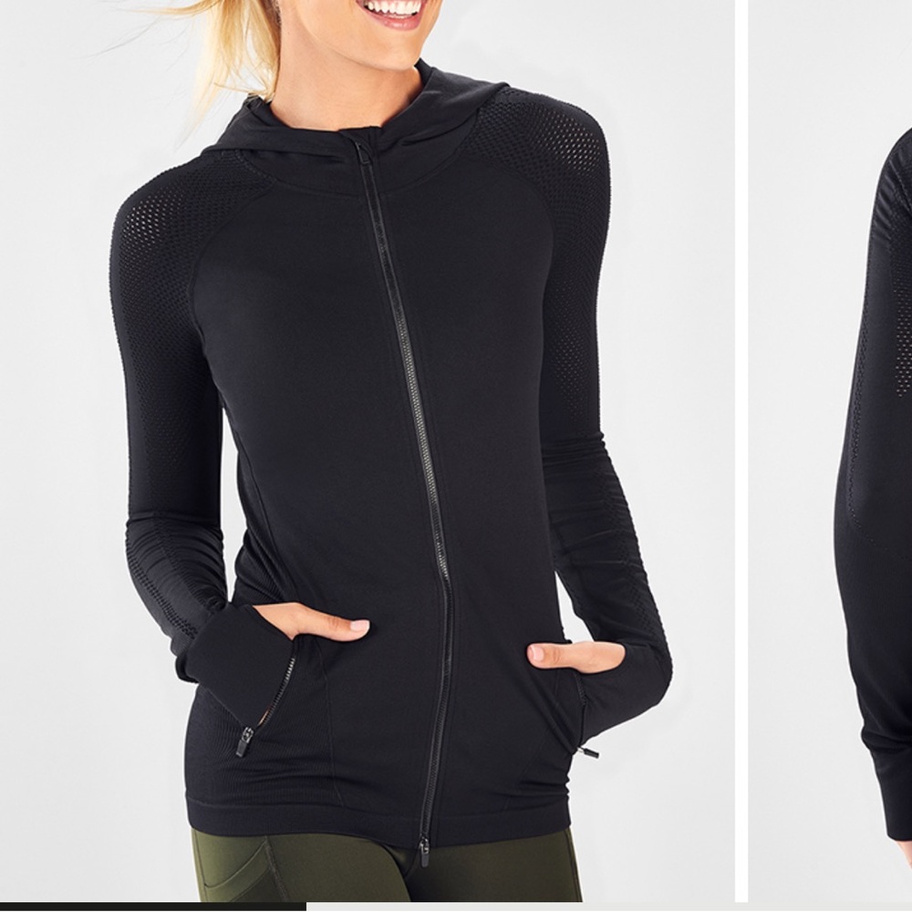 Fabletics Kiley Seamless Hooded Running Jacket- Black